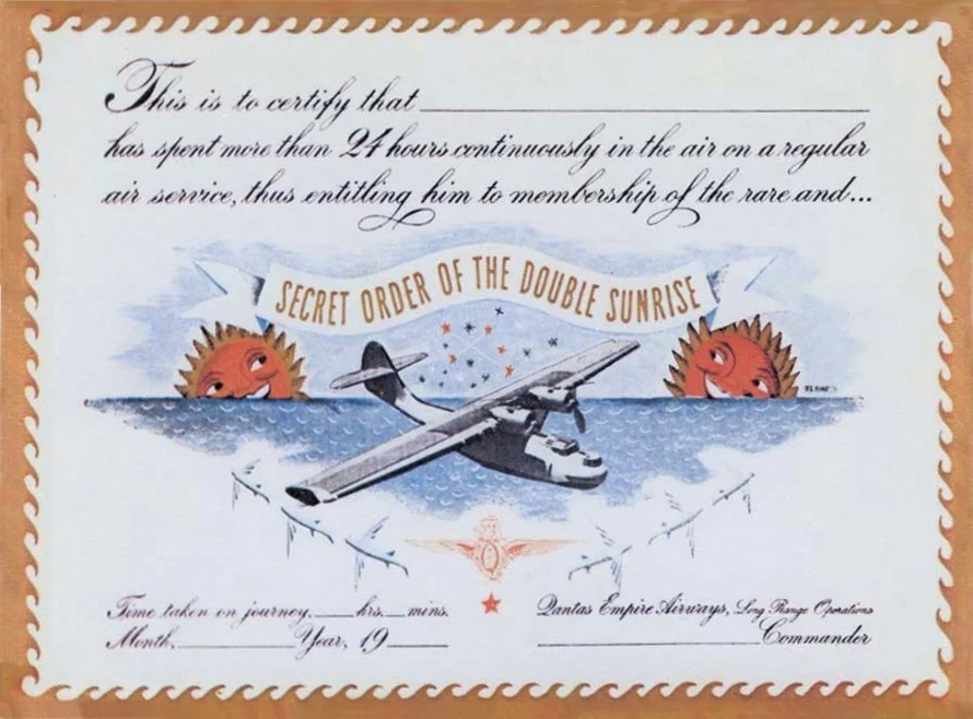 The Secret Order of the Double Sunrise certificate that was given by Qantas to all passengers on the Double Sunrise service